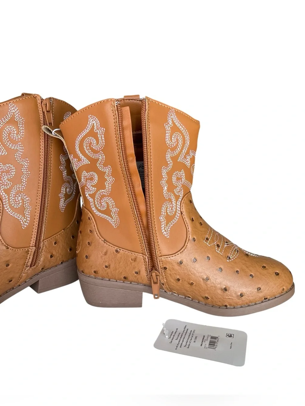 PAWZ Cognac Brown Western Boots Faux Leather and Ostrich Little Girl Size 3